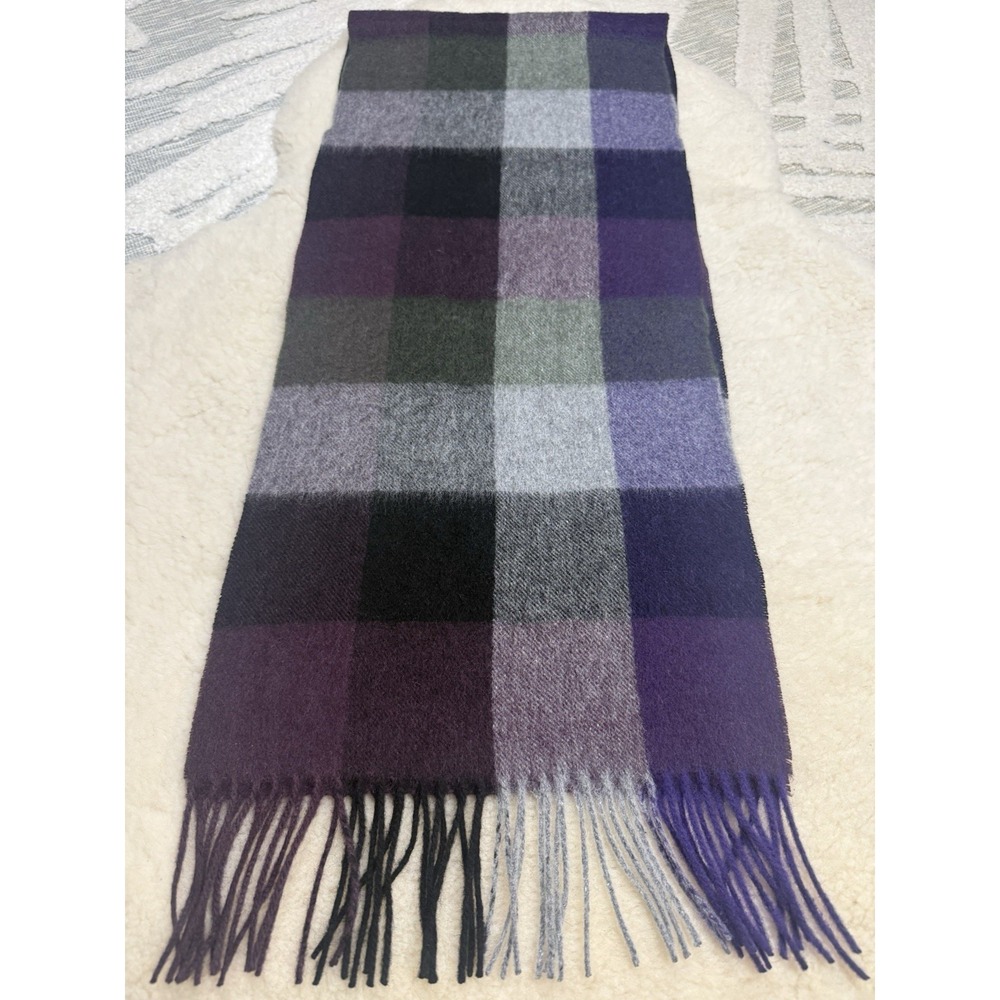 Edinburgh 100% Lambswool Fringe Scarf Purple Black Plaid Tartan Scotland Wool